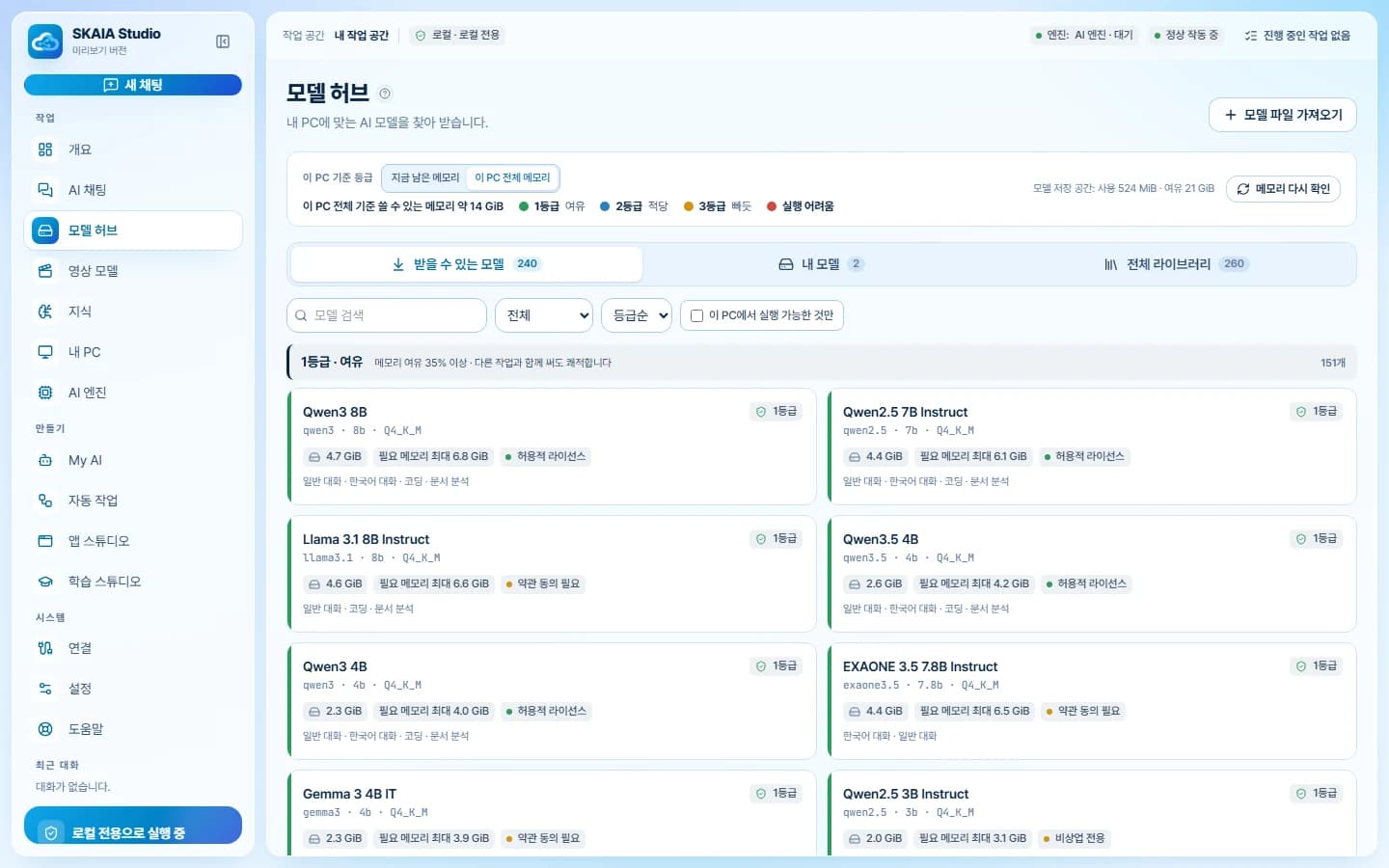 모델 허브 — 이 PC 전체 메모리 기준으로 모델을 1등급부터 정렬한 화면